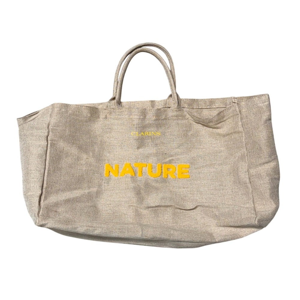 Clarins Nature Recycled Fiber Tote Bag Beige Yellow Chenille Embroidered Large